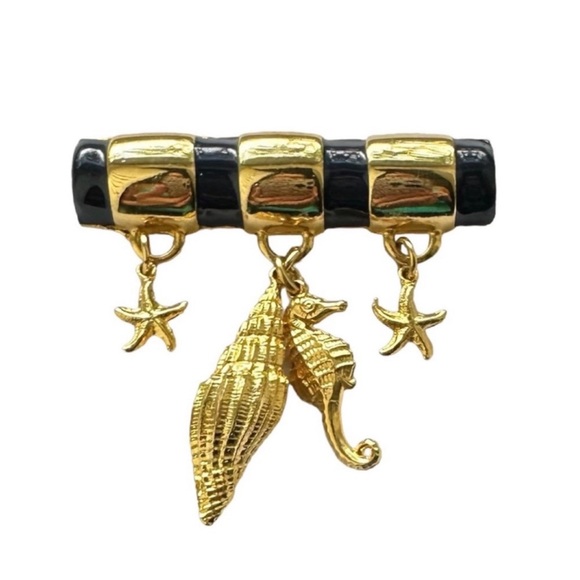 Vintage Navy Enamel and Goldtone Nautical Charm Bar Pin Brooch - Picture 1 of 8